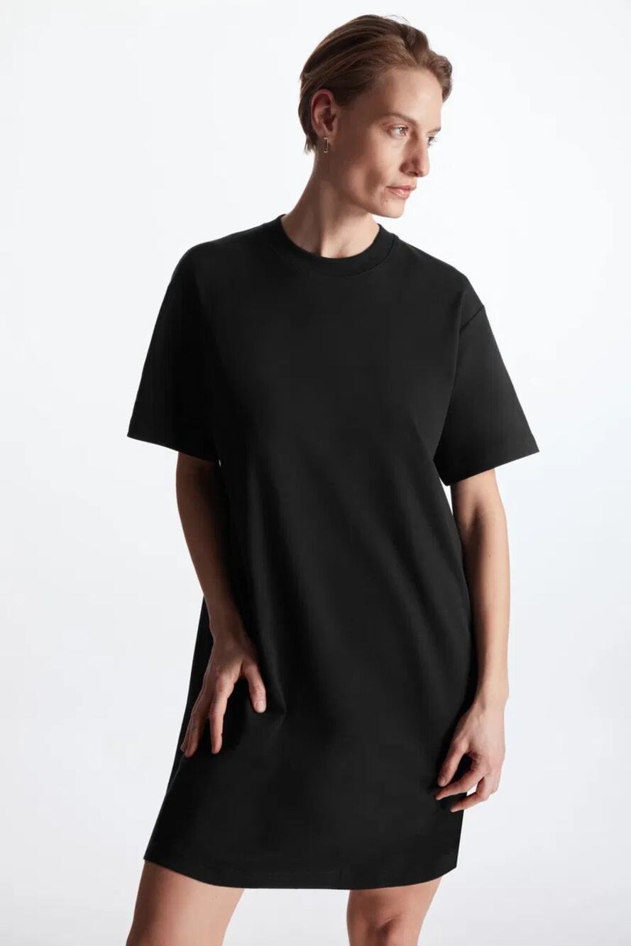 COS Black 100% Cotton Short Sleeve Plain Mock Neck Mini T Shirt Dress Size XS